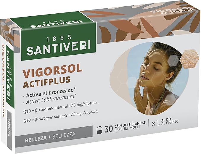 SANTIVERI – Vigor Sol Actif Plus perlas / 30 perlas a base de aceite de onagra, betacaroteno natural, coenzima Q10, vitaminas y minerales