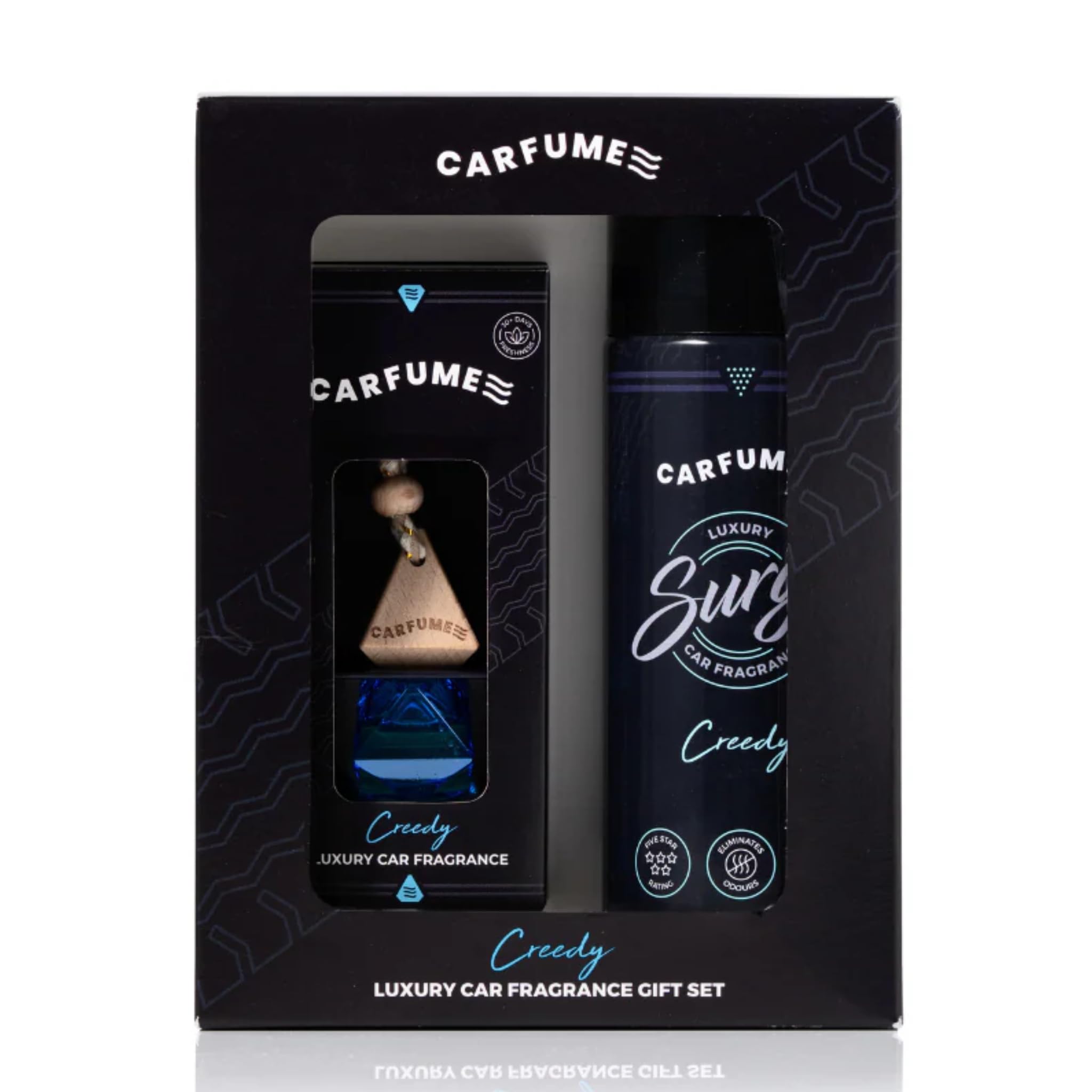 Carfume Creedy Car Air Freshener Gift Set | Original Collection | Premium Earthy Musk, Ambergris & Juniper Fragrance - Hanging Diffuser & Surge Can - Luxury Blue Car Accessory Gift For Men