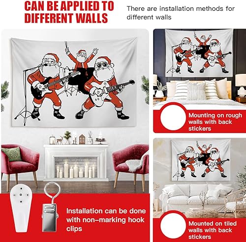 Miniatura 4 de OTOSTAR Tapiz de Navidad hippie Santa Claus Rock Band tocando la batería, guitarra, divertido tapiz de espectáculo de Navidad, tapiz de arte para