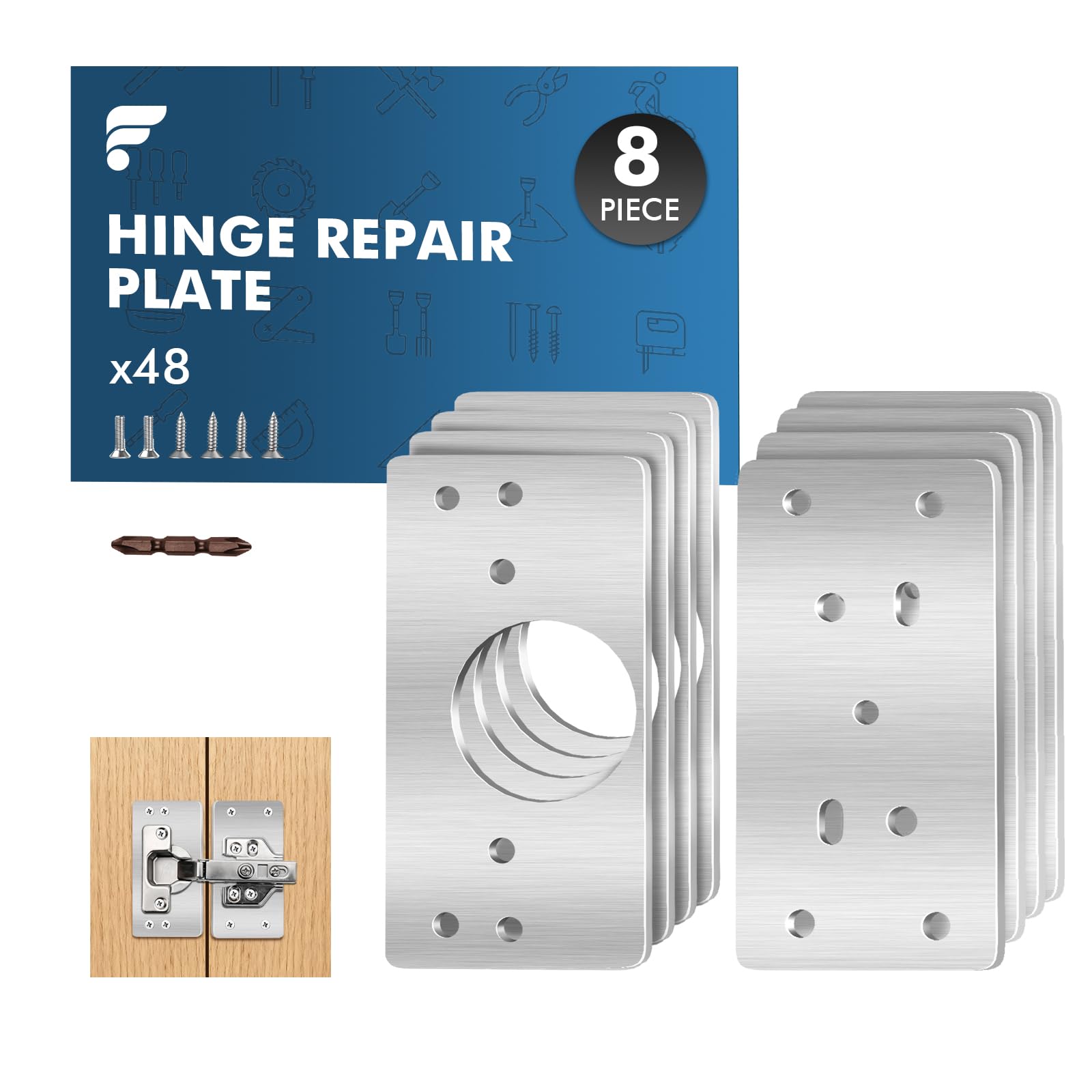 shinfly Hinge Repair Plate,8 Pieces Door Hinge Repair Kit, with 48 Pieces Screws, Stainless Steel Hinge Repair Kit for Repair Cabinet Doors, Wardrobes, Bookshelves