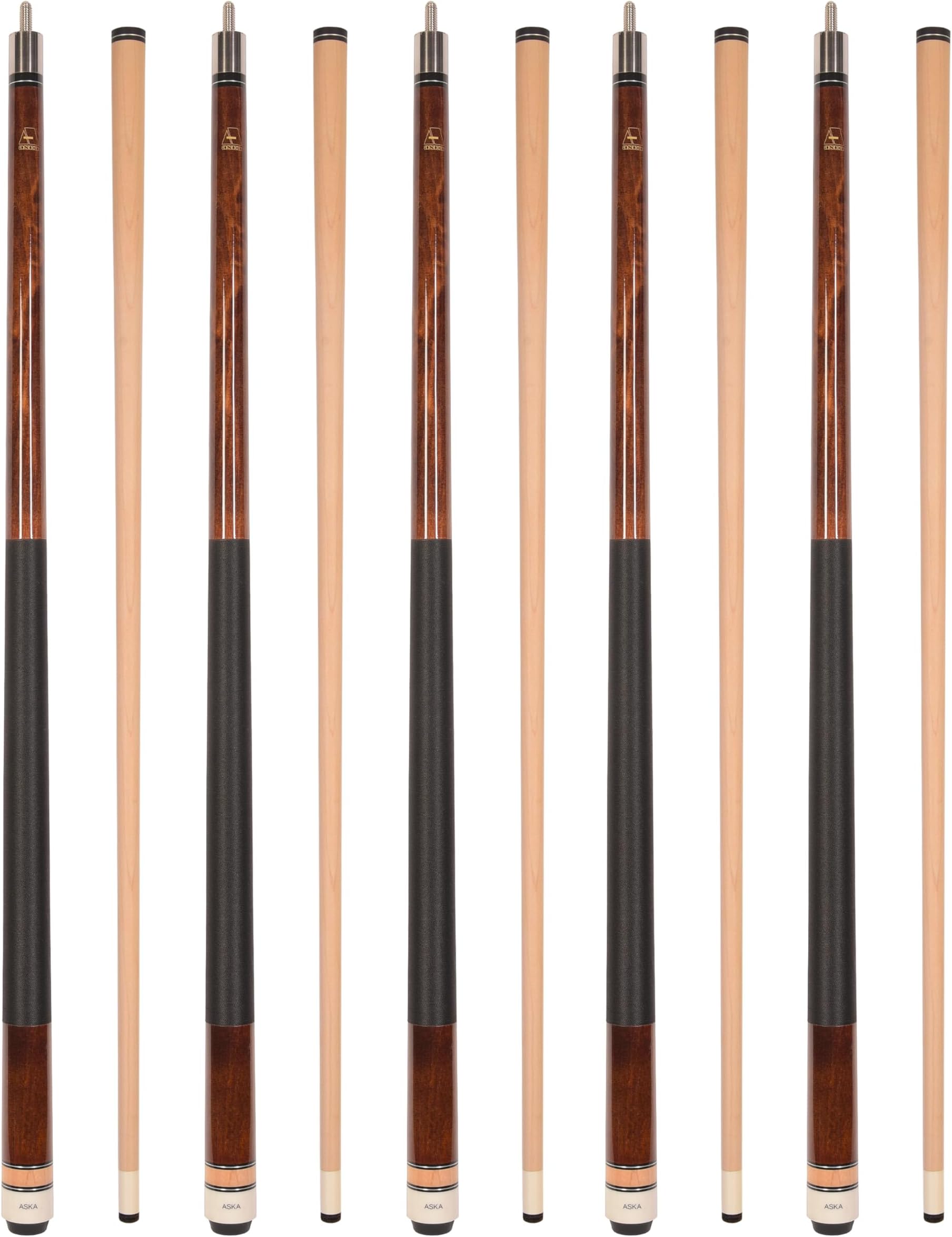 Lot Aska Billiard Pool Cues, 2-Piece Construction, 5/16x18 Joint, 58" Hard Rock Canadian Maple Shaft, 13mm Hard Tip