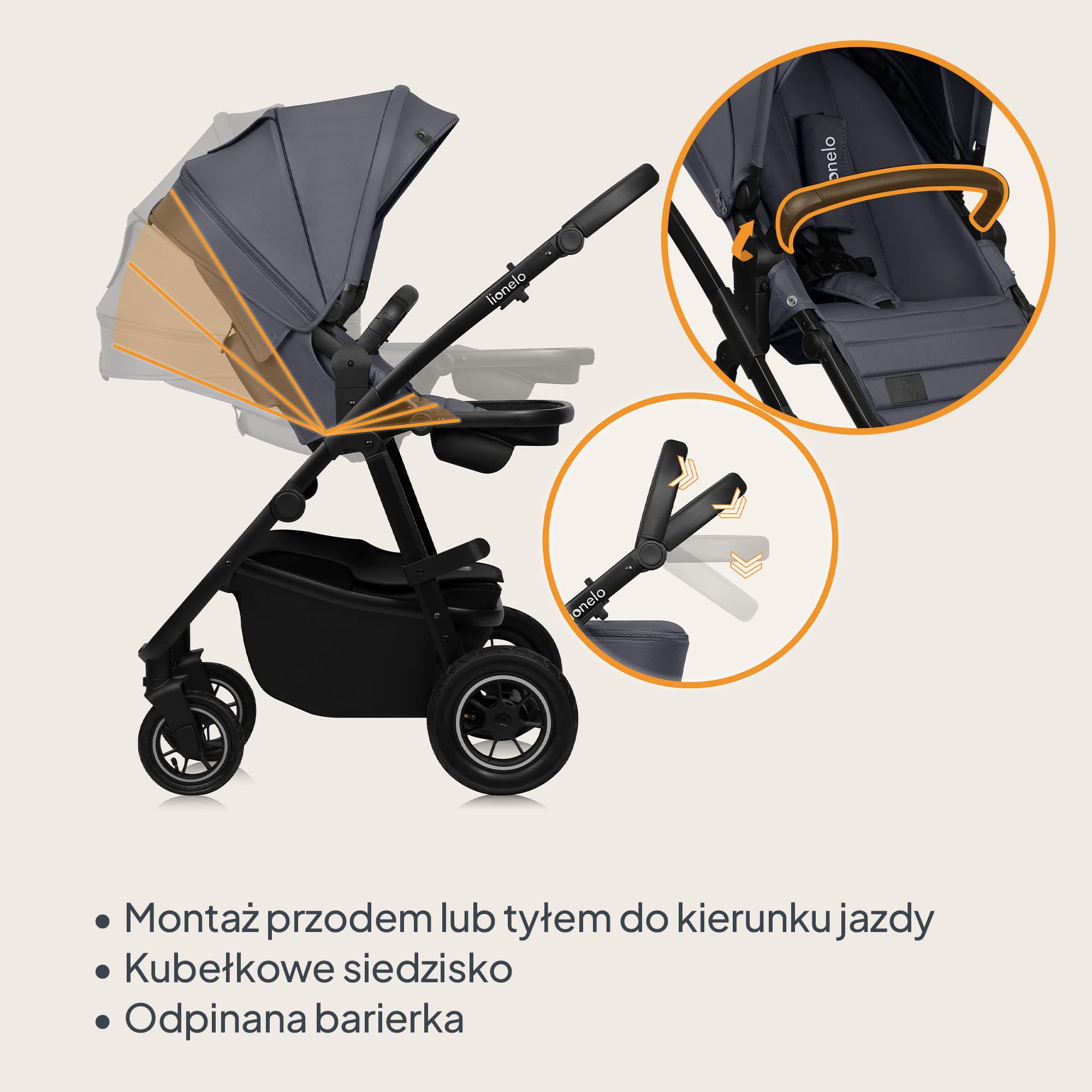LIONELO AMBER PLUS 3 w 1 Wielofunkcyjny Wózek Dziecięcy od 0 do 4 lat do 22kg z Gondolą XL, Fotelik Samochodowy do 13 kg, Regulacja Oparcia, Duże Terenowe Koła 360o Budka XXL