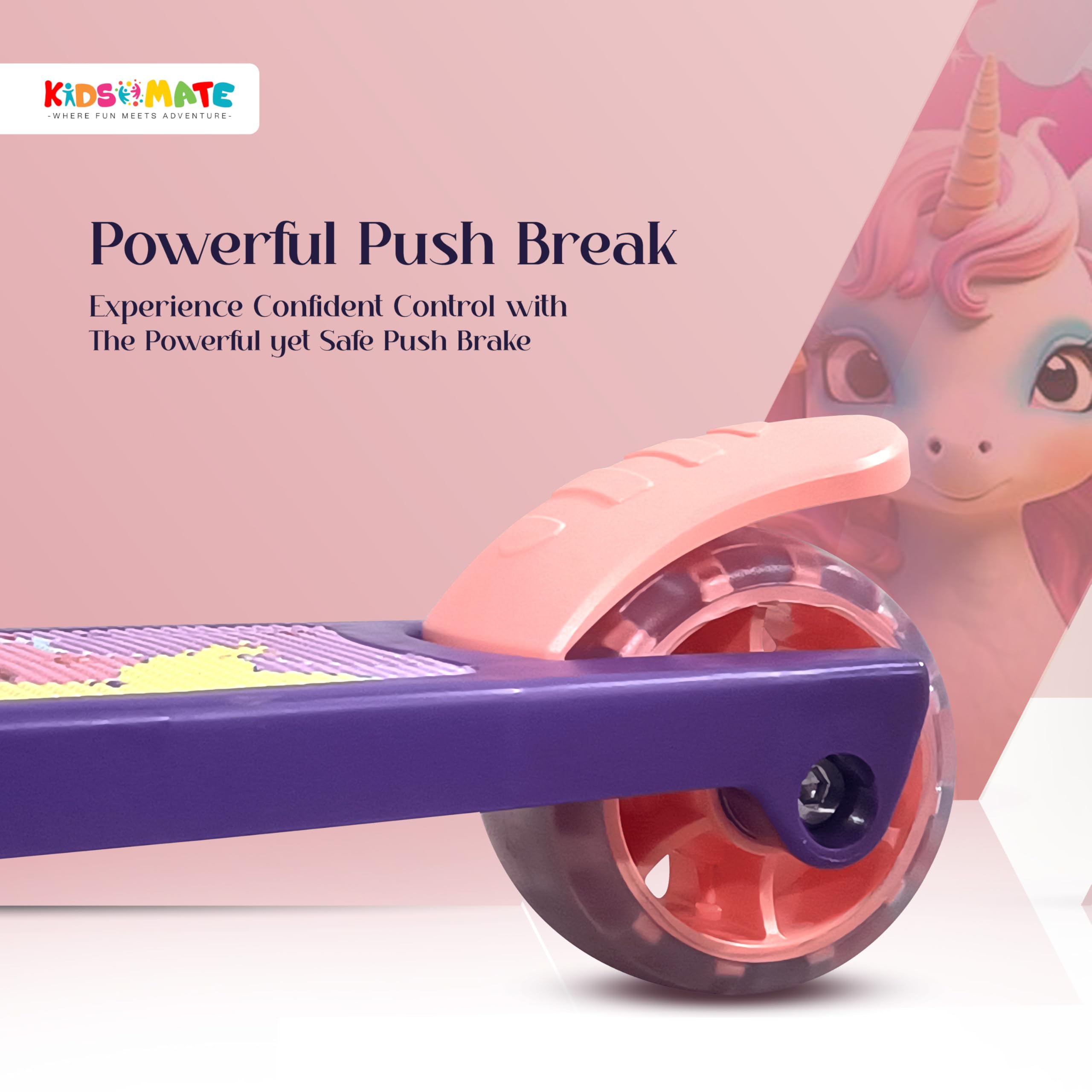 Kidsmate Spartan Kick Scooter with Broad PU LED Wheels | 3-Wheel Skating Scooter for Boys & Girls of Ages 2-12 Years | Level Adjustable Height, and Easy Fold Design (Pink-Purple) 4