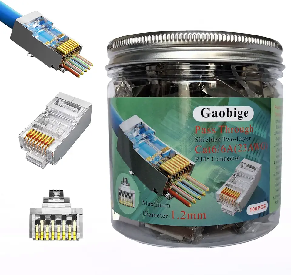 Gaobige Pacote de 100 Extremidades Dos Conectores de Passagem Cat6 Cat6A Rj45, Conectores Rj45 Blindados para Fio Sólido Blindado Cat6 23Awg e Cabo Padrão Pacote de 100(Conector de Passagem Cat6 Blind