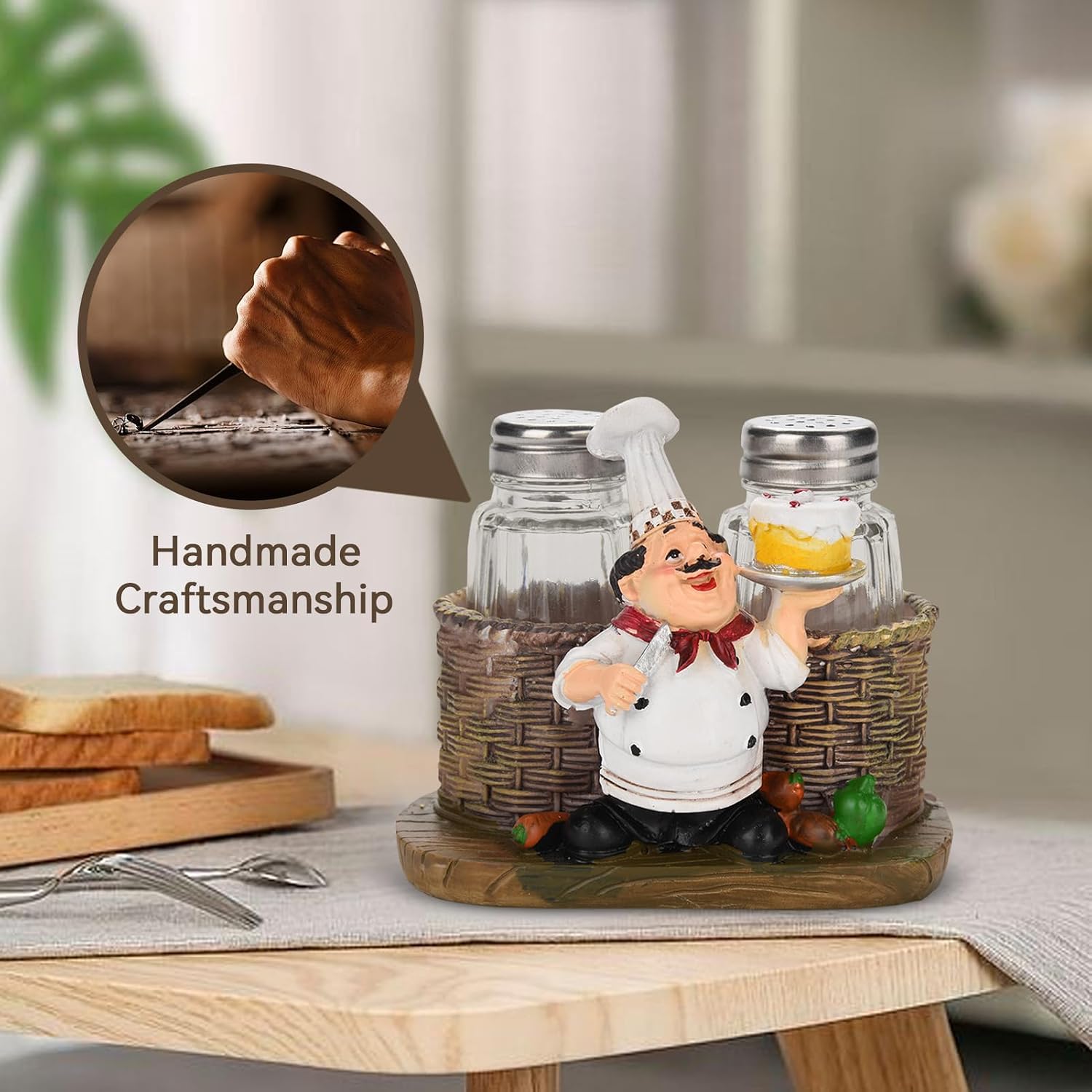 Salt and Pepper Shakers Set, Resin Chef Decorative Statue Spice Organizer Funny Chef Ornament Spice Jars Holder with Chef Figurines Holder for Family, Kitchen, Restaurant, Cafe, Bakery(#1)