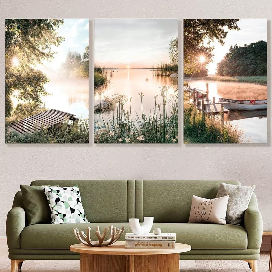 3 Poster Set Landscape Wall Art, Tranquil Lake and Forest Canvas Prints, Minimalist Nature Wall Pictures for Living Room Bedroom Office, Unframed Prints (30 x 40 cm)