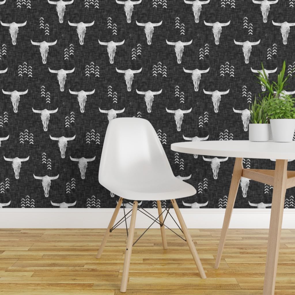 Removable Wallpaper 6ft x 2ft - Desert Skulls Boho Southwest Inspired Bull Cow Gray Bohemian Custom Pre-Pasted Wallpaper by Spoonflower