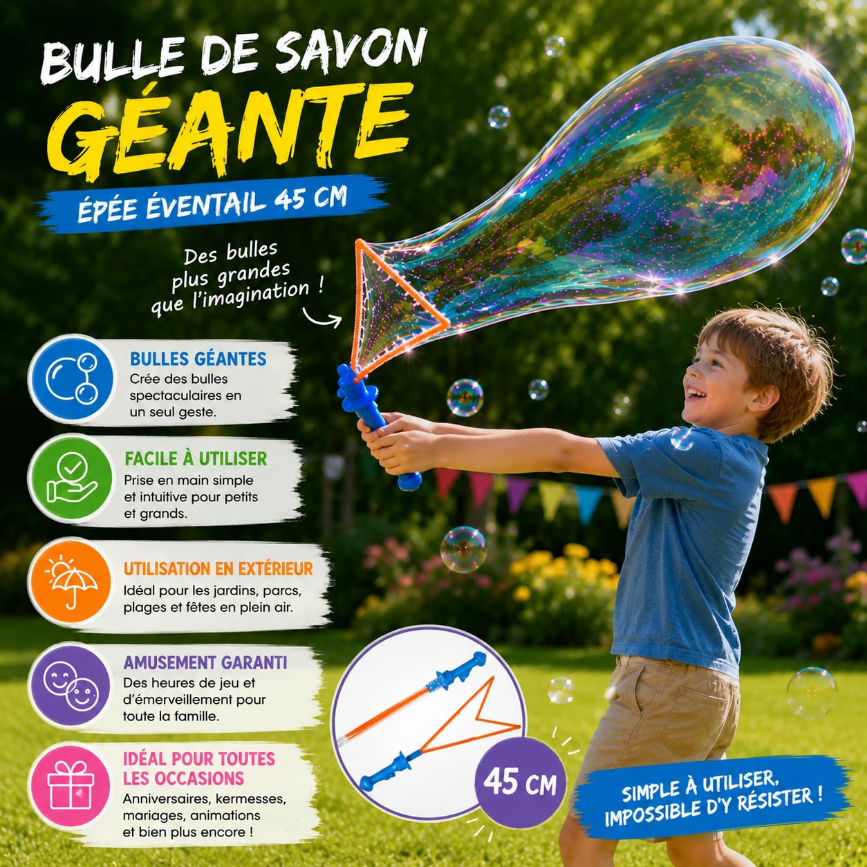Confezione da 16 bacchette per bolle grandi, 45 cm, con 100 ml di soluzione, 4 colori assortiti per bambini, compleanni e giochi all'aperto