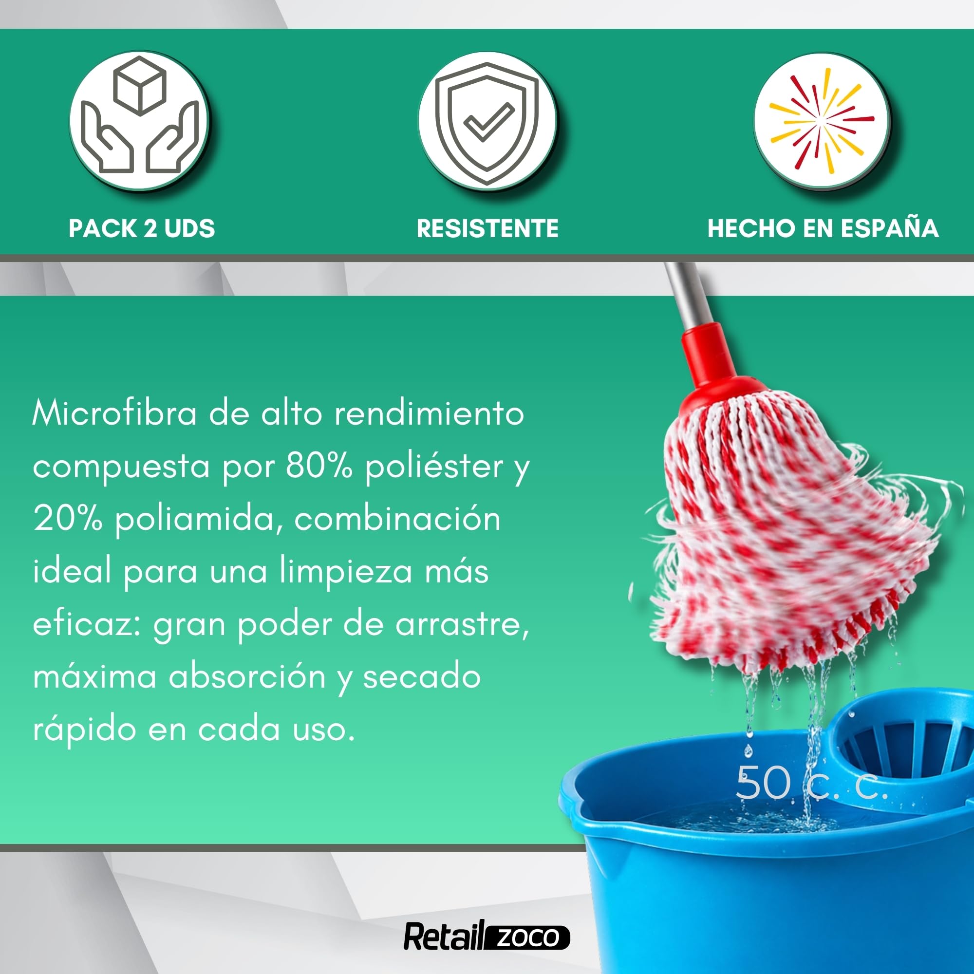 Fregona Microfibra Duplo Pack de 2, Alta Absorción y Sistema Antifúngico - imagen 4