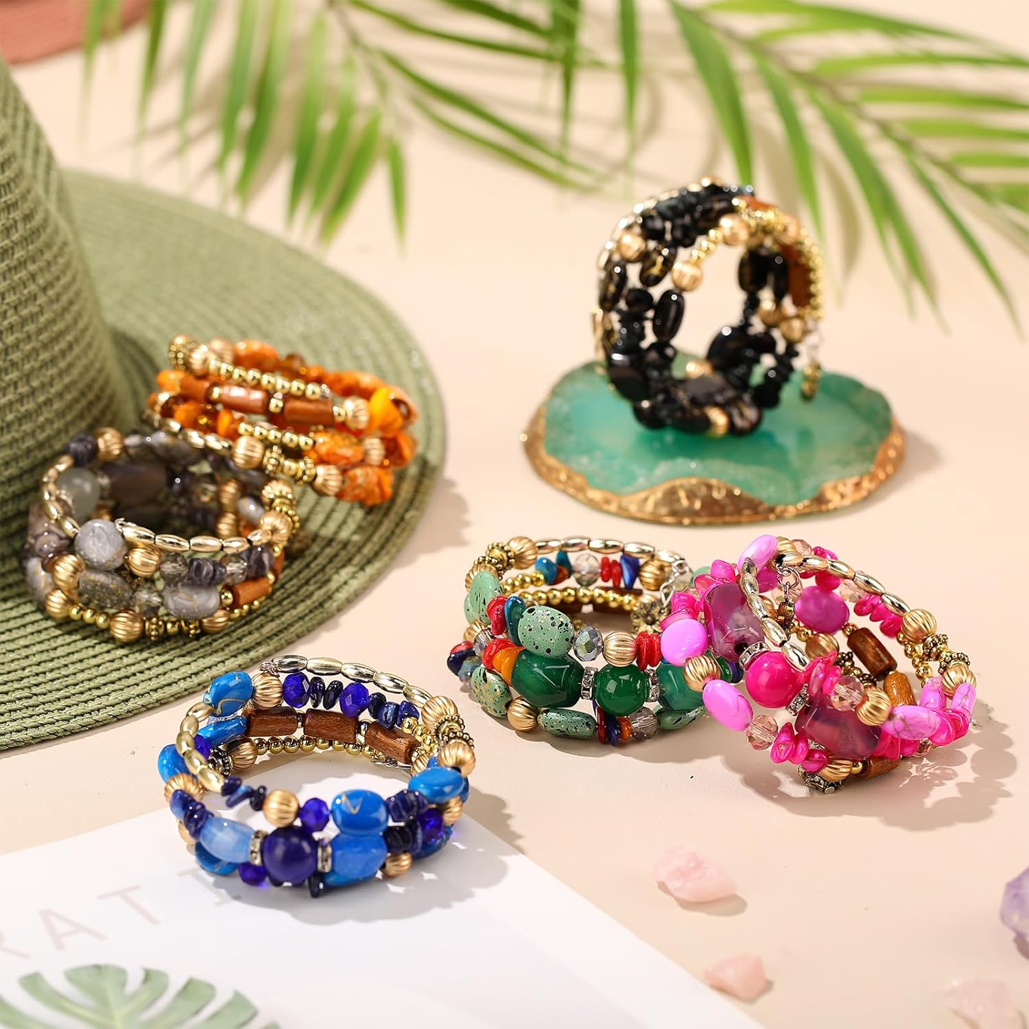 Misdary 6 Pcs Boho Multilayer Irregular Agate Beads Charm Bracelets Vintage Yoga Turquoise Bangles Boho Jewelry for Women - Image 4