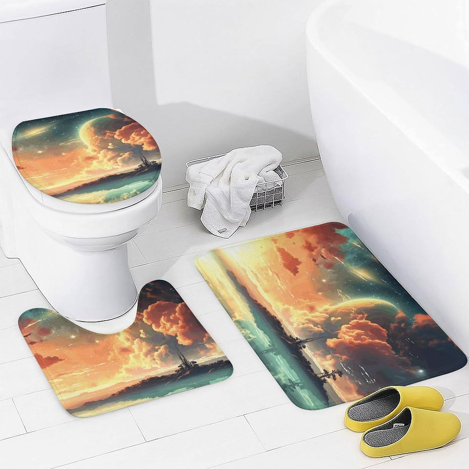 4 Pcs Shower Curtain Sets Bathroom Set with Non-Slip Rug Toilet Lid Cover and Anime Bath Mat Durable Bathroom Decor Set image 4