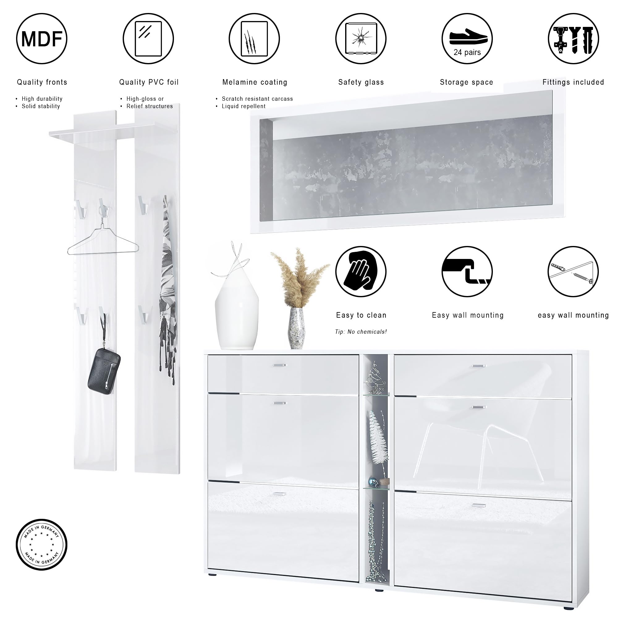 Vladon Set Guardaroba Orlando con scarpiera, Pannello a Muro e Specchio a Parete, Bianco Opaco/Grigio Sabbia Lucido