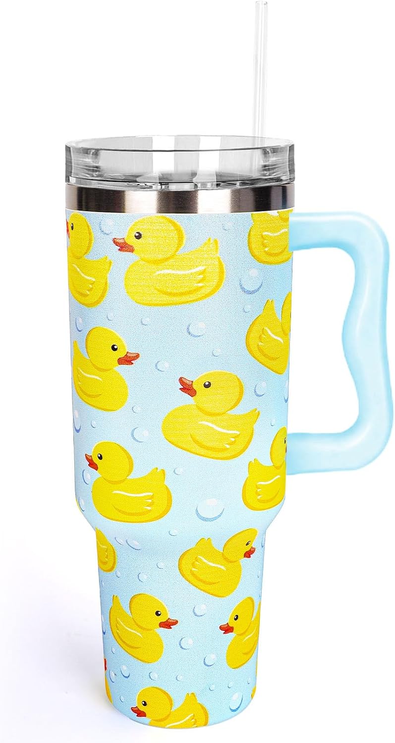 Whaline 40 oz Yellow Duck Tumbler with Handle Straw and Lid Cute Animal Travel Tumbler Coffee Cup for Friend Holiday Birthday Party Favors