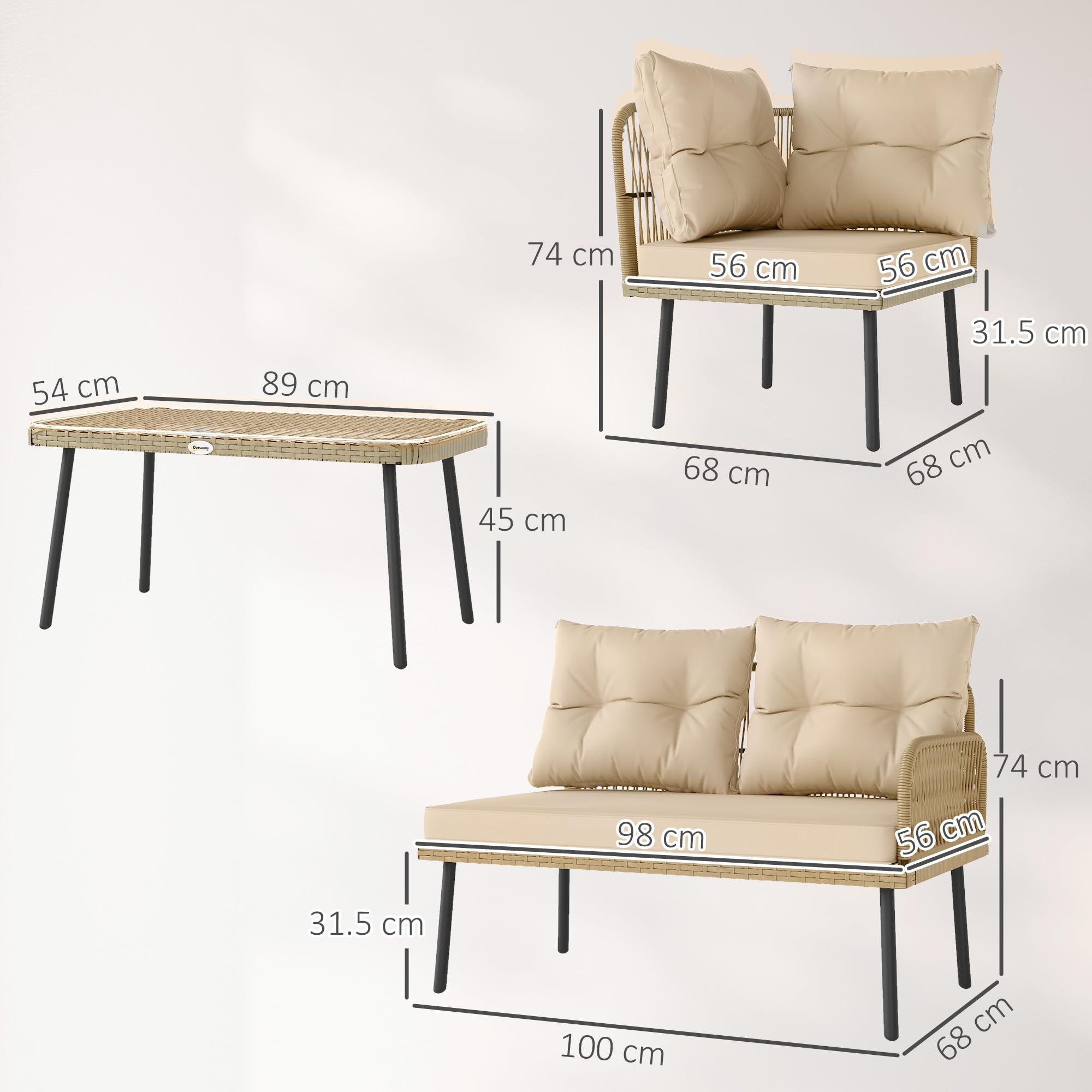 Outsunny Set di Mobili da Giardino in Rattan 4 Pezzi, Salotto da Esterno con 2 Divano a 2 Posti, Poltrona Angolare, Tavolino da Caffè in Vetro e Cuscini Lavabili, Struttura in Acciaio, Naturale/Beige