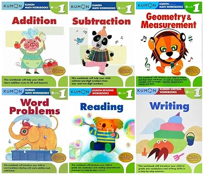 Kumon Grade 1 Math, Reading & Writing Workbooks 6-Book Bundle Set Addition, Subtraction, Geometry & Measurement, Word Problems, Reading, Writing
