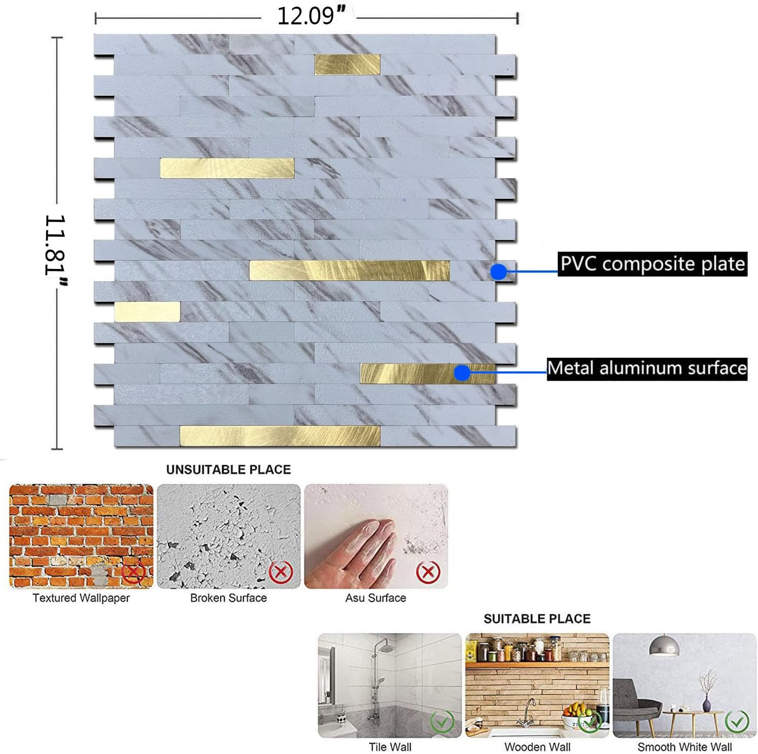 10-Sheet Peel and Stick Backsplash Tile, PVC Mixed Metal Stick on Kitchen, Bathroom Vanities, Fireplace Décor, Laundry Table (White Marble + Golden-2)