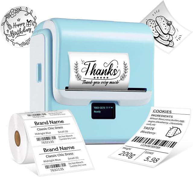 ORGSTA Label Maker with Tape, T003 Thermal Label Maker, 3.15 Inch Bluetooth Label Printer Compatible with Phone & PC, Sticker Printer Barcode Thermal Maker - Blue