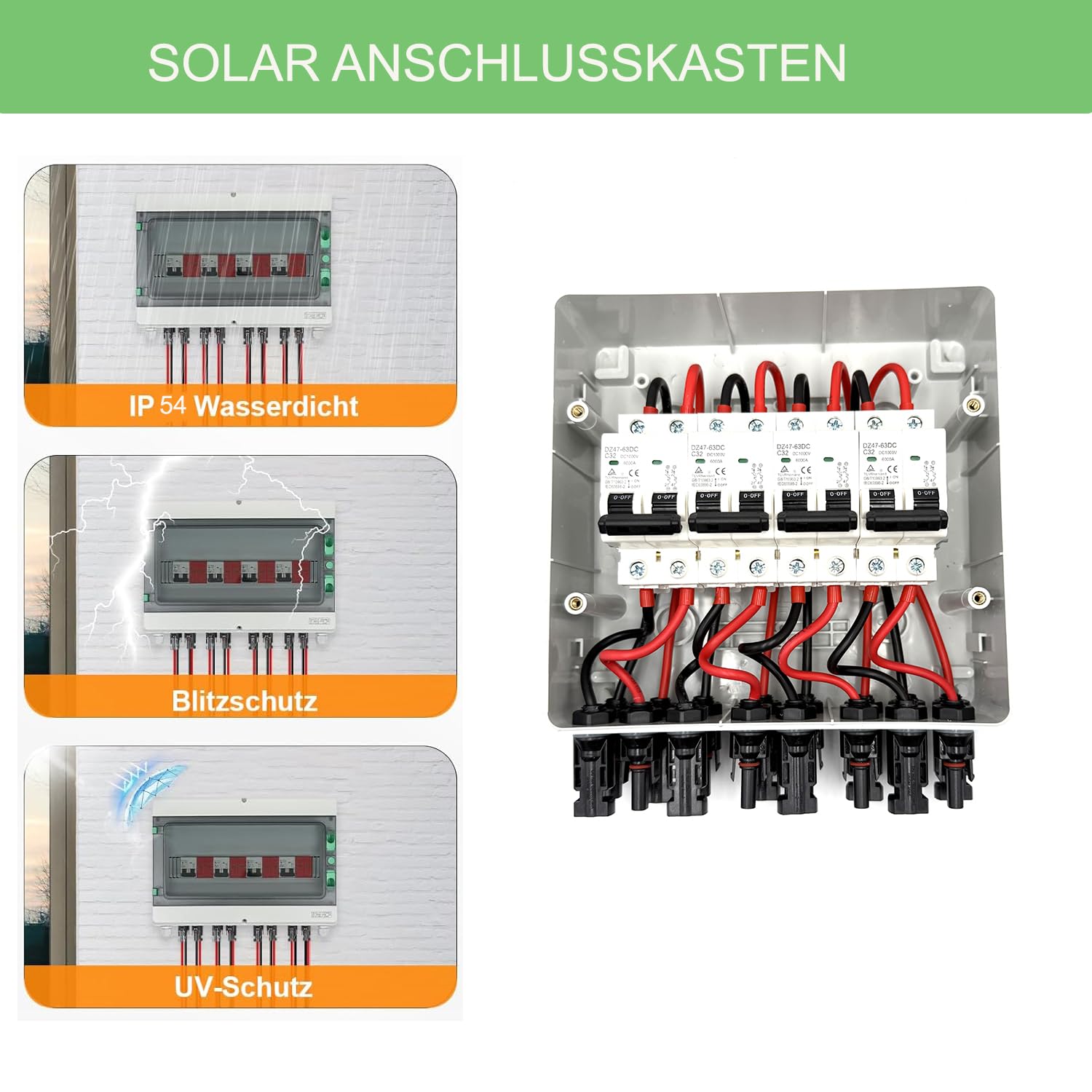 Überspannungsschutz PV DC1000V Blitzschutz Leitungsschutzschalter 32A DC Trennschalter PV Anlage, IP54 Wasserdicht & UV-Beständig Solar Anschlusskasten 4 in 4 out