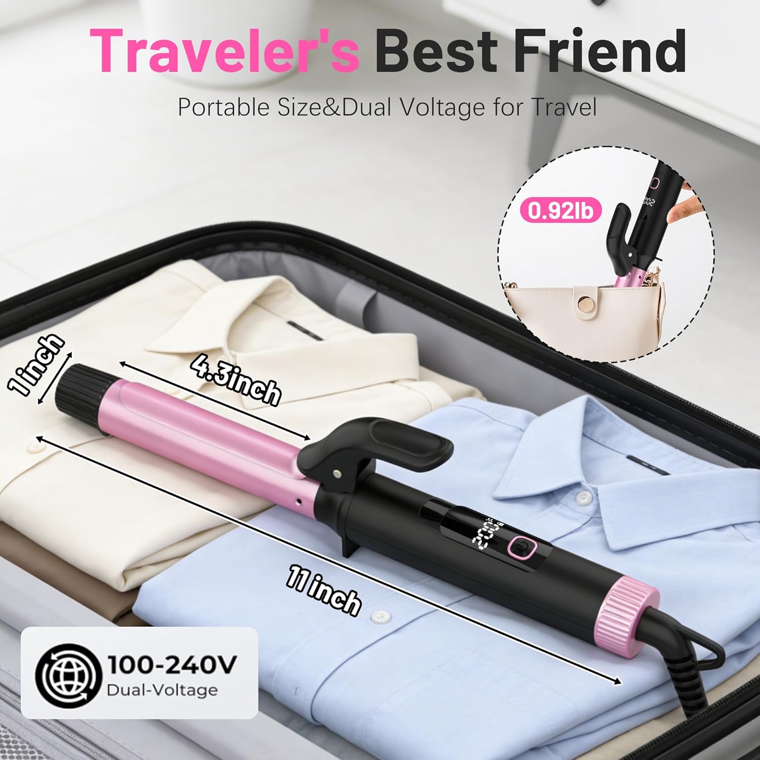 Travel Curling Iron 1 Inch,Small Curling Iron for Short Hair,Dual Voltage Curling Iron 110-240V with European Plug,Curling Iron with Clamp & Ceramic Barrel,5 Temp Digital Display,Auto Off,Temp Lock