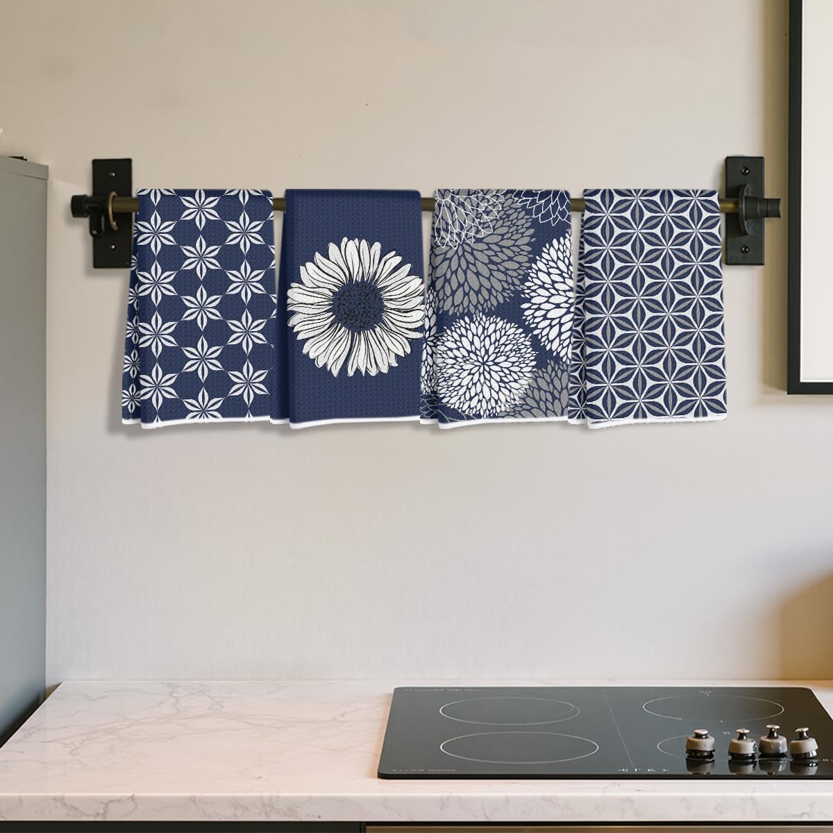 Hanamiya Na 4 Pcs Blue Flower Artistic Kitchen Towels, Blue Flower Absorbent Tea Hand Towel, Microfiber Dish Cloths for Drying Dishes, Waffle Dish Towels for Kitchen Bathroom, Housewarming Gifts - Image 3