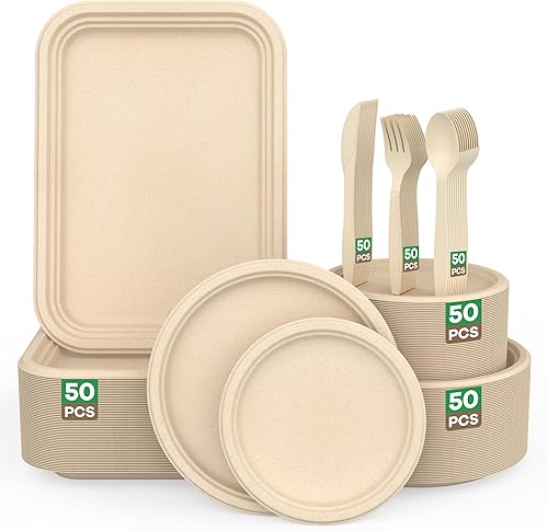 Juego de vajilla compostable de 300 piezas, platos de caña de azúcar, utensilios y bandejas de papel grandes para fiestas, cangrejos, langostas,