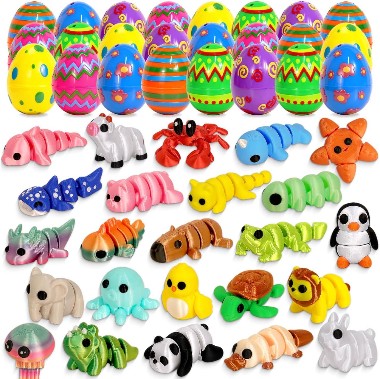 24 Pack Prefilled Easter Eggs with Toys Inside for Kids, Prefilled Easter Baskets with 3D Printed Animals, Easter Basket Essentials Filled Easter Eggs Hunt Stuffers Party Favors for Teens Boys Girls