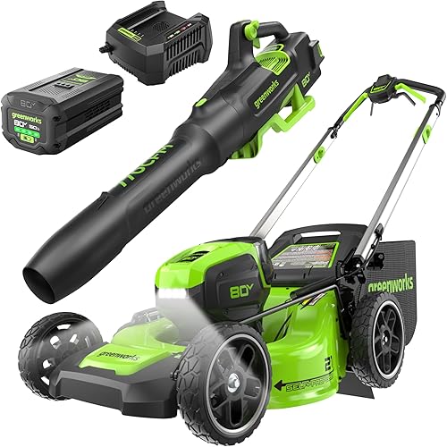 Miniatura 45 de Greenworks Cortacésped eléctrico inalámbrico sin escobillas de 80 V 21 pulgadas + soplador axial de hojas (500 CFM) + recortadora de cuerda de 13