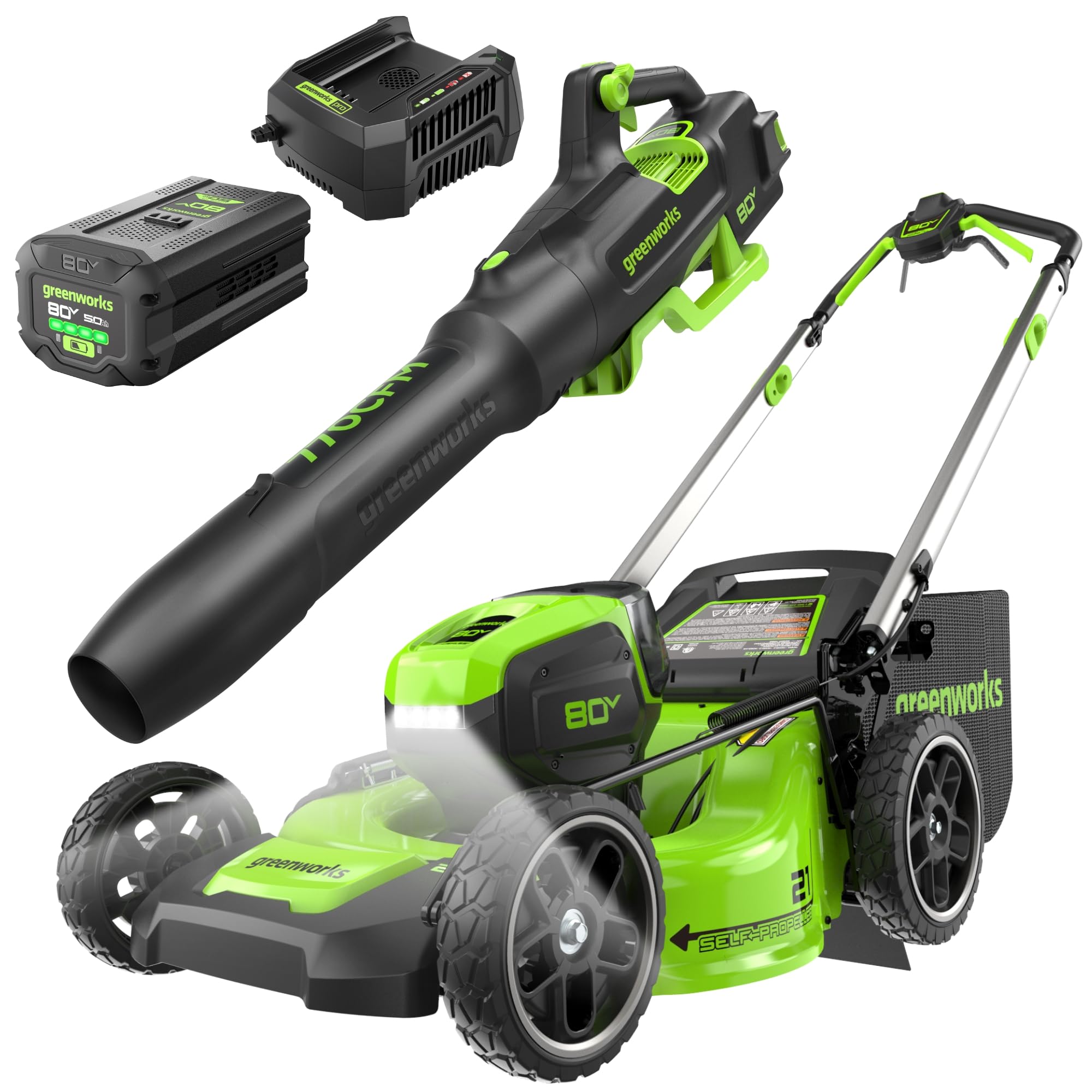 Greenworks 80V 21" Self-Propelled Lawn Mower + Blower (Gen 2), 5.0Ah Battery
