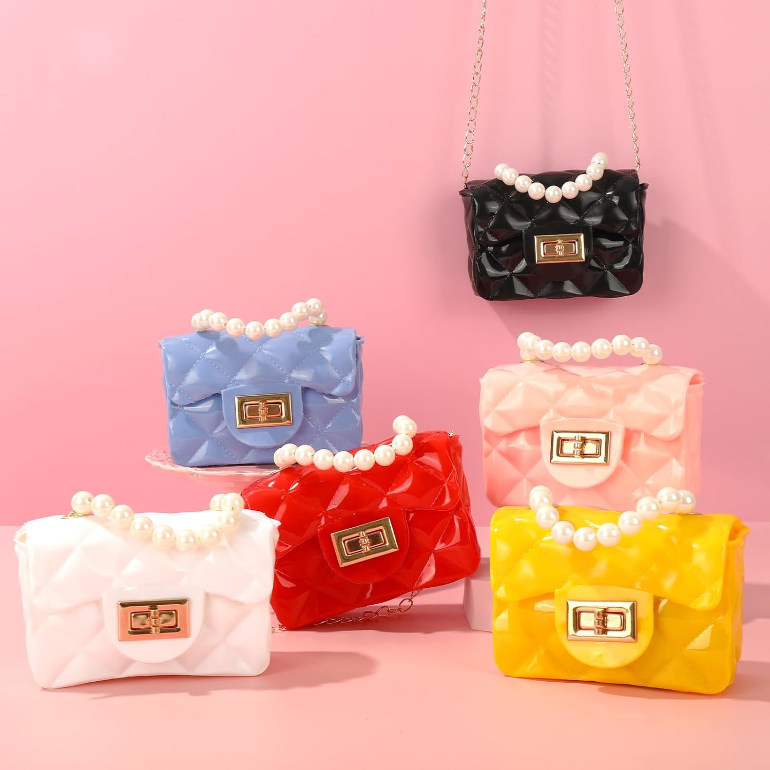 Whaline 6Pcs Mini Purse Small PVC Jelly Crossbody Bag Cute Toddler Princess Handbag with Pearl Handle for Women Girl Bridesmaid Birthday Party Gift Supplies