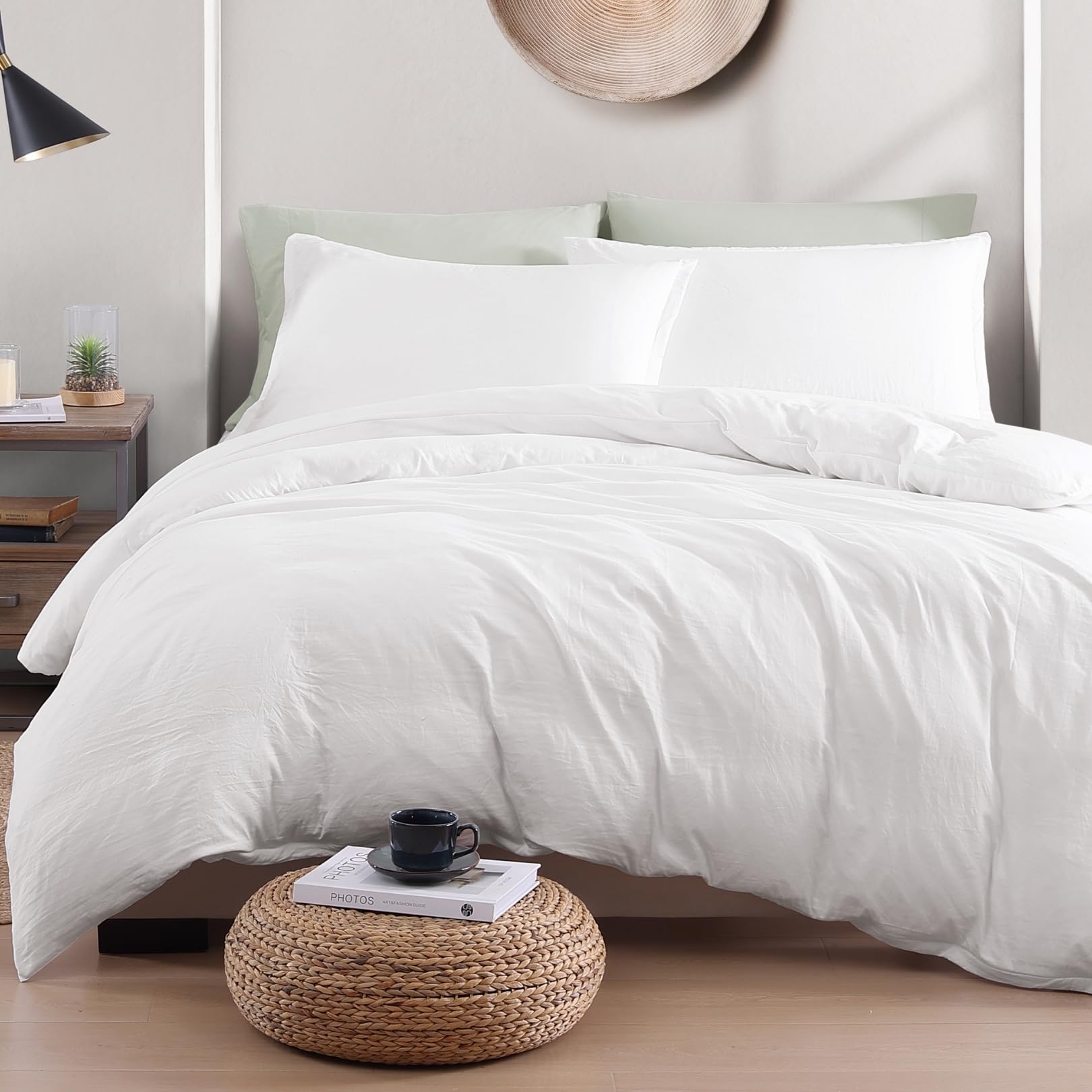 LANE LINEN 4-Piece Double Bedding Set - Pre-Washed Microfiber Duvet Cover, Fitted Sheet, and Pillowcase – Cozy and Durable (White)