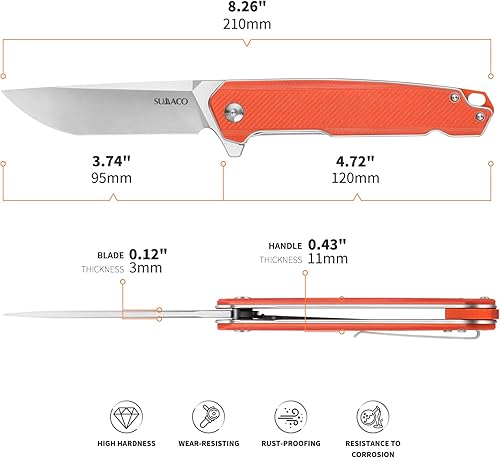Miniatura 2 de SUMACO Cuchillo de bolsillo plegable para EDC con mango natural G10 satinado D2 hoja de acero plegable, cuchillo pequeño para hombres y mujeres,