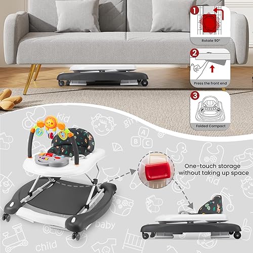 Miniatura 7 de Andador de bebé, 5 en 1 para niños y niñas de 6 a 12 meses, andadores plegables para bebés con gorila y bandeja de alimentación, música, alturas