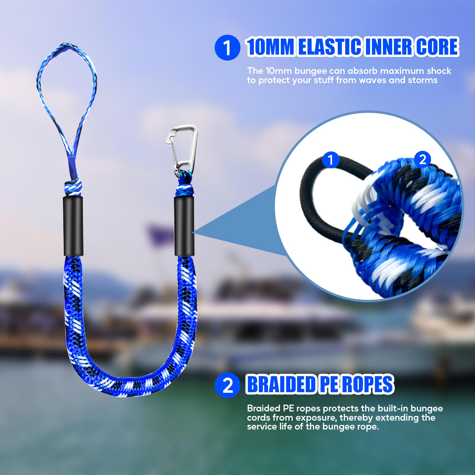 Lot De 2 Corde Amarrage Bateau Elastique, Cordon Securite Bateau Corde Élastique Cordage D'amarrage Cordon Elastique amarre pour Motomarines, Jet Ski, Ponton, Canoë, Moteur