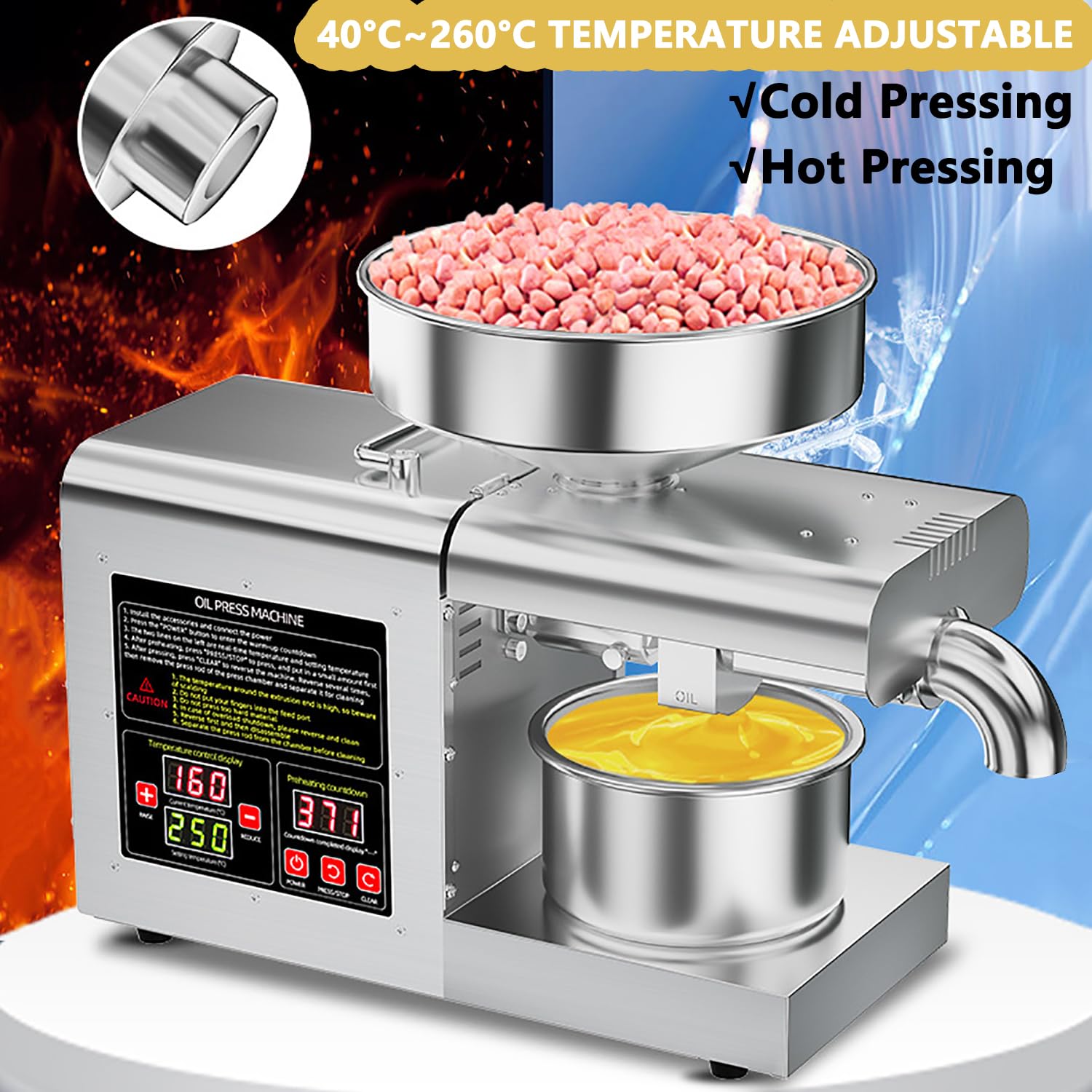 Máquina eléctrica de prensa de aceite de 1100 W - Extractor de aceite frío y caliente, acero inoxidable de grado alimenticio, tolva de 6 L, alto rendimiento de aceite, fabricante de aceite eficiente