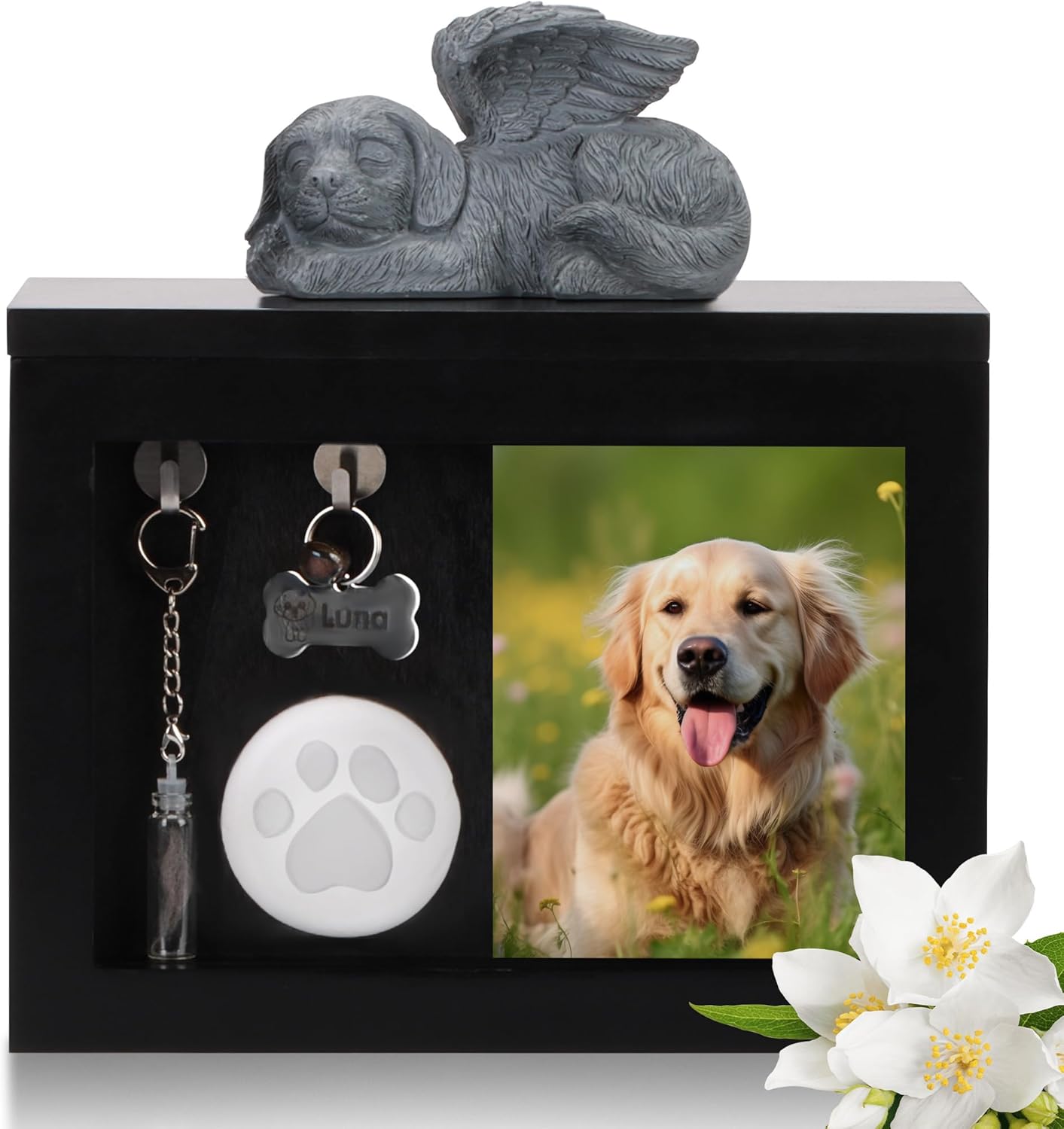 Black Wooden Dog Urn for Ashes with Photo Frame – Pet Memorial Box with Statue, Paw Print Kit & Hair Keepsake Bottle, Holds Up to 35kg(24x14x18cm)