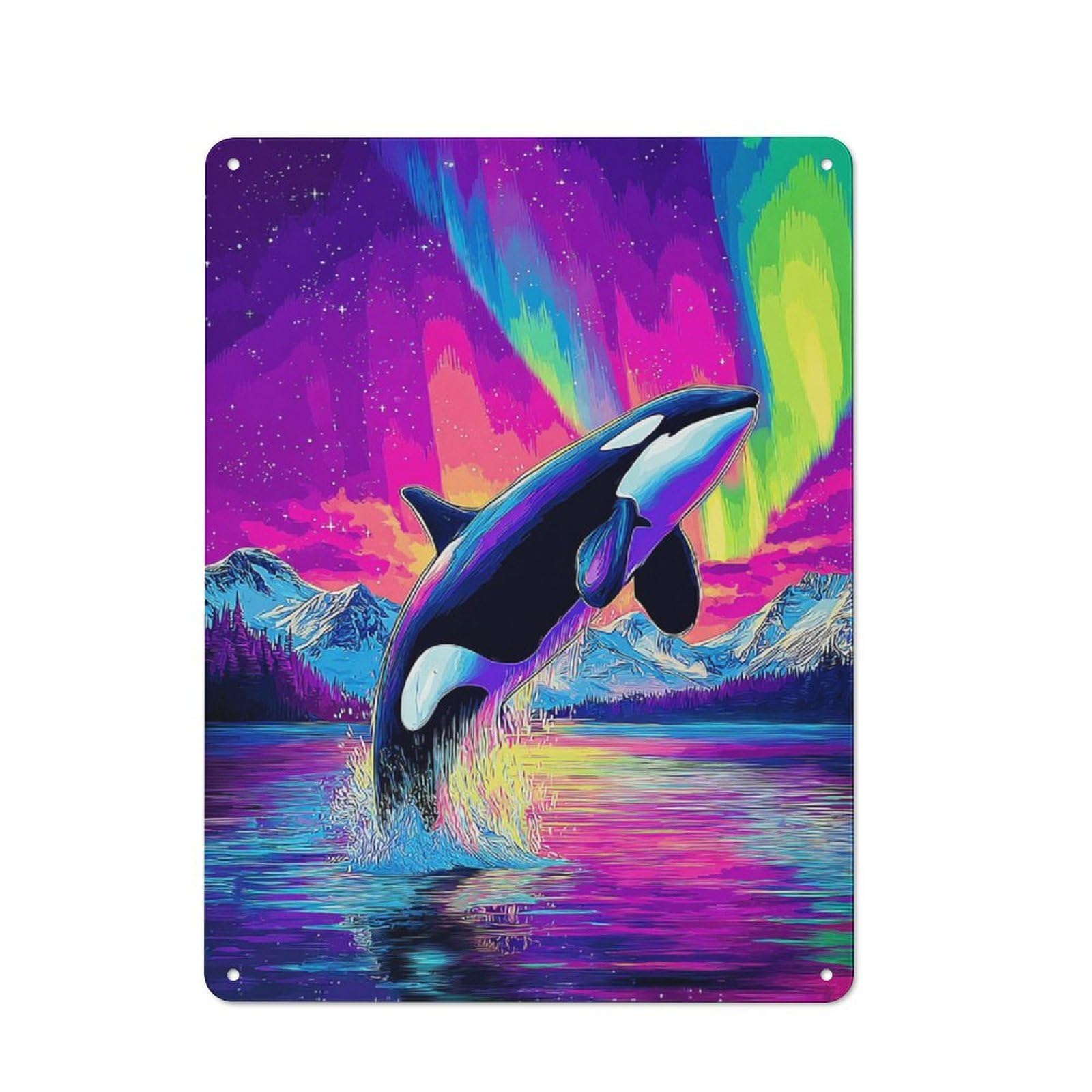 Whale in Aurora Borealis Retro Metal Wall Decor 40x30cm, Tin Wall Sign for Home, Shop, Pub Or Studio Wall, Personal Accent for Everyday Walls