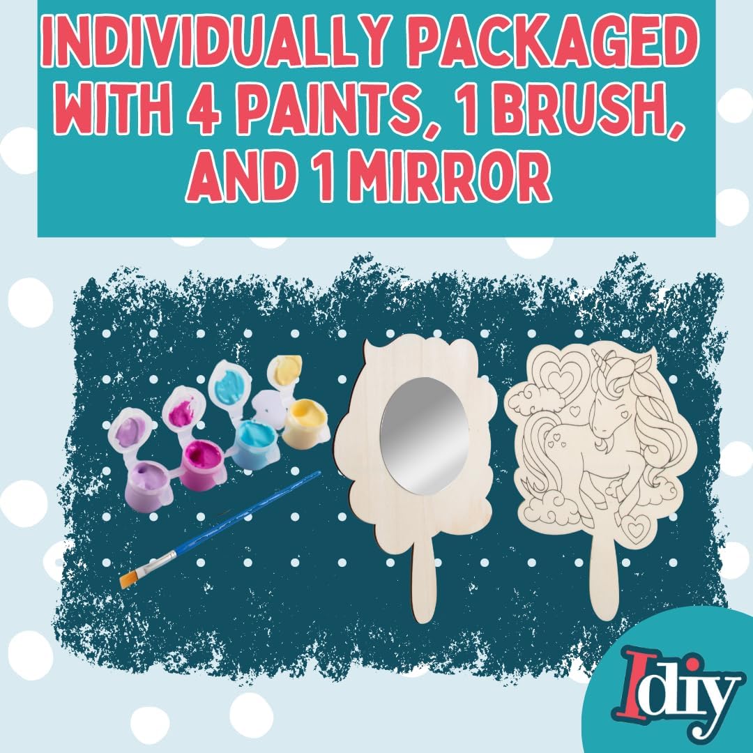 Idiy Paint Your Own Unicorn Mirror Craft Kit for Kids (12 Pack) – Easter Basket Stuffers, Party Favors, Classroom Activities, DIY Wood Painting Kits with Paint & Brush, Birthday Goodie Bags