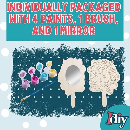 Miniatura 4 de Idiy Pinta tu propio espejo, kits de manualidades para fiestas infantiles (12 espejos de madera de amigos de unicornio con pinturas). Cada kit tiene