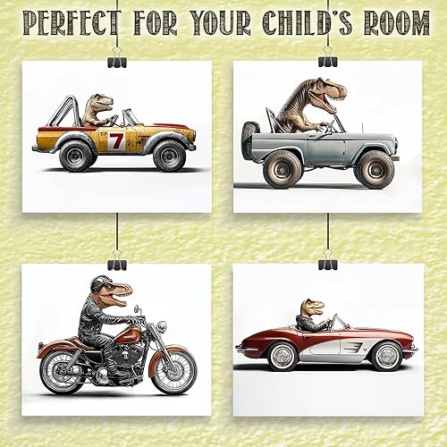 Miniatura 8 de Motor Monsters T-Rex Driving Vintage Vehicles  Póster de dinosaurio genial de 8 x 10 pulgadas sin marco para sala de juegos, habitación de niños,