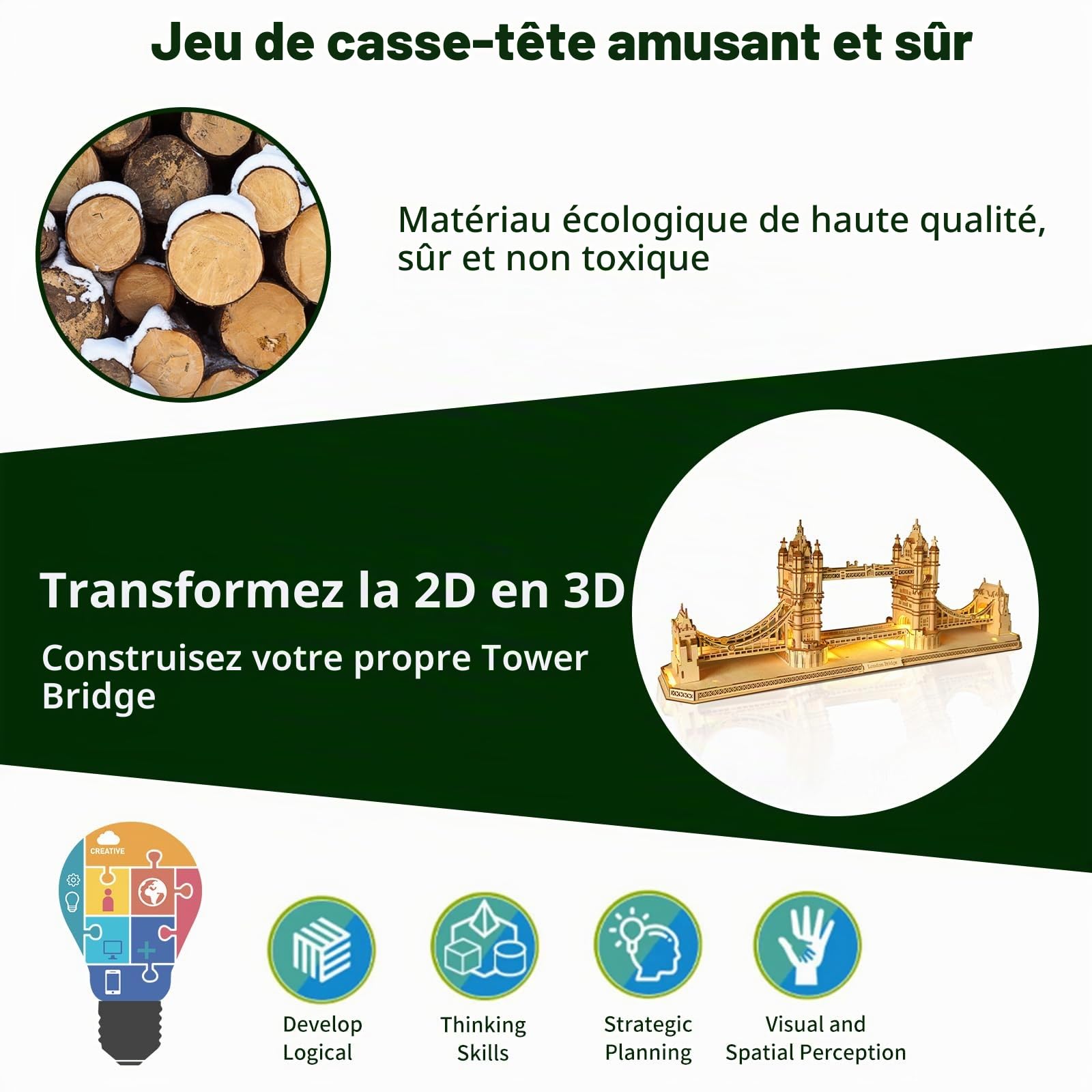 Puzzle 3D en Bois pour Adultes, modèle d'architecture du Tower Bridge de Londres en Bois, kit de Bricolage de bâtiment célèbre en Bois pour Adultes, Cadeau de Noël, 450 pièces