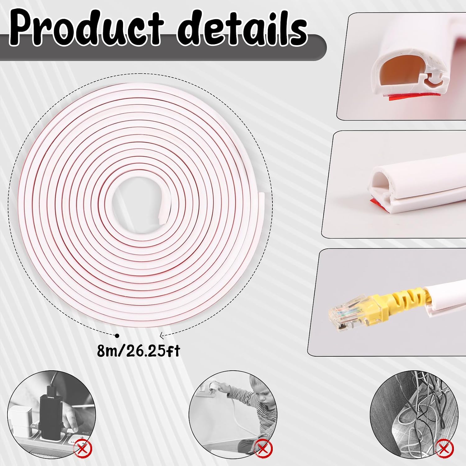 Wall Cord Hider Self Adhesive Cable Concealer - Flexible Cover Raceway for Hiding Wires - 3/5/8 Meter Options (8m)