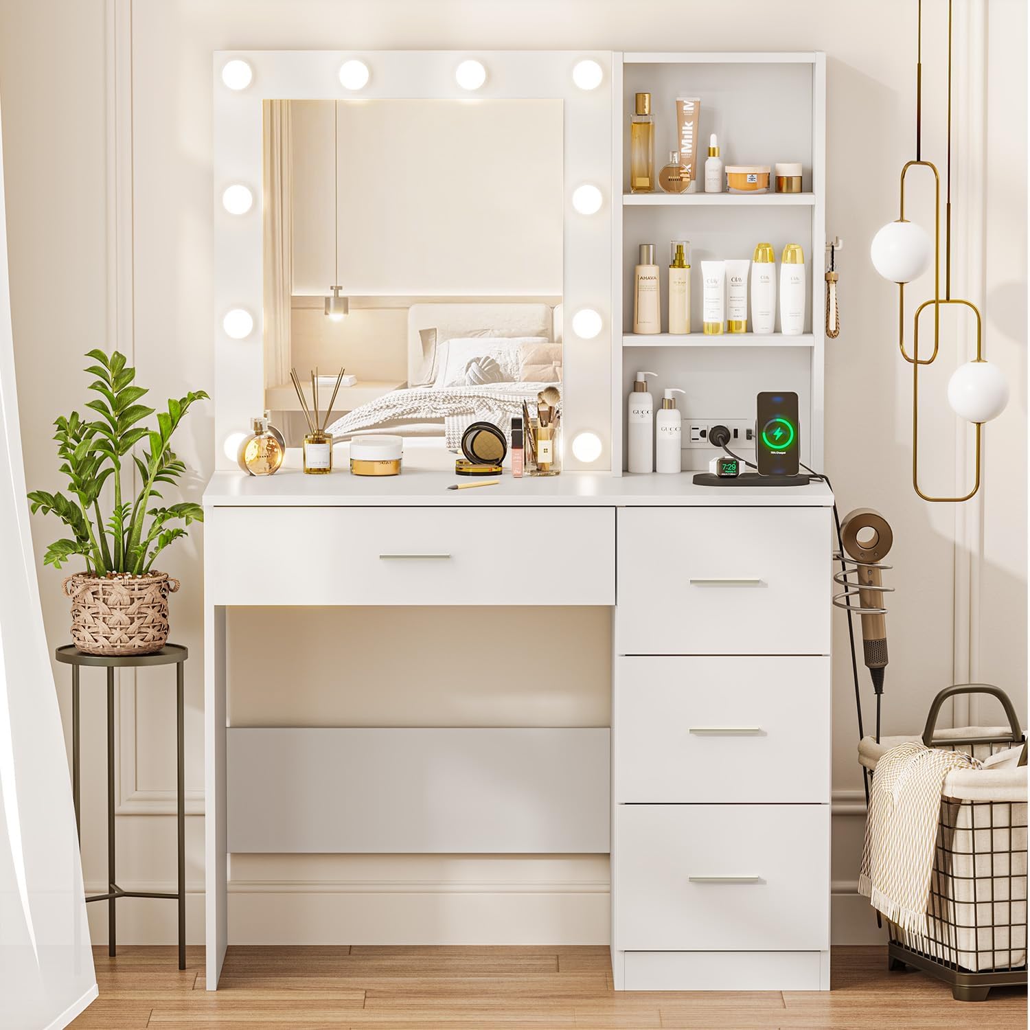 White Vanity Desk with LED Lighted Mirror, Makeup Vanity Desk with 4 Drawers Storage & Power Outlet, 3 Color Modes & Adjustable Brightness Vanitys Table for Bedroom, 37" W
