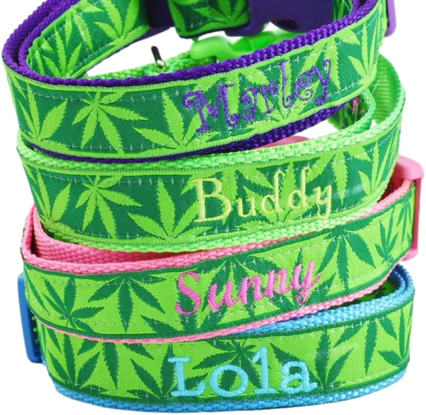 Weed Dog Collar Personalized with Pet Name - Marijuana Leaf Customizable Dog Collars for Boys & Girls for Medium to XL Extra Large Dogs Made in USA (X-Large 1 x 17-29")