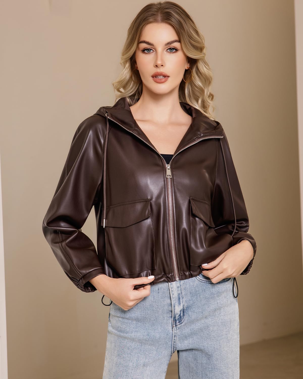 DIASHINY Faux Leather Jacket For Women Removable Hooded Moto Biker Outwear Coat