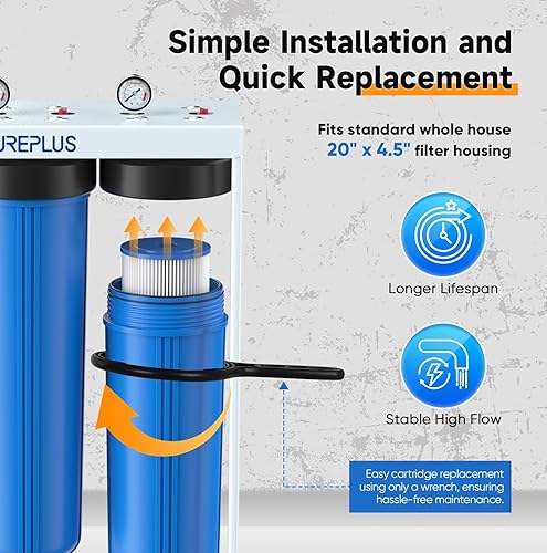 Miniatura 4 de PUREPLUS Filtro de agua de 3 etapas para toda la casa de 20 pulgadas, sistema de filtración para el hogar, prefiltro plisado, carbón activado y