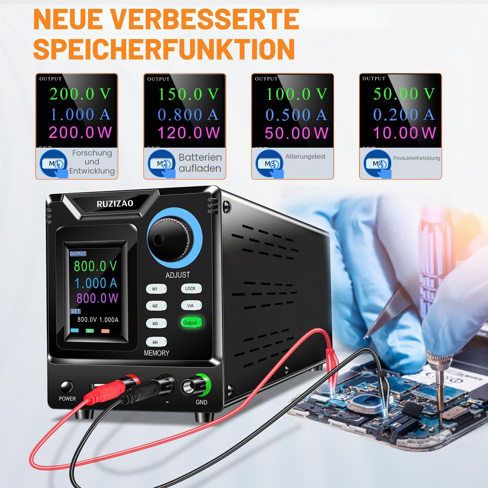 Labornetzteil 800V 1A, Programmierbares Hochspannungs-Labornetzgerät DC Regelbar Netzgerät mit Ausgangsschalter und Speicherfunktion, Schaltnetzteil Encoderknopf, PC Software, LED Farbdisplay