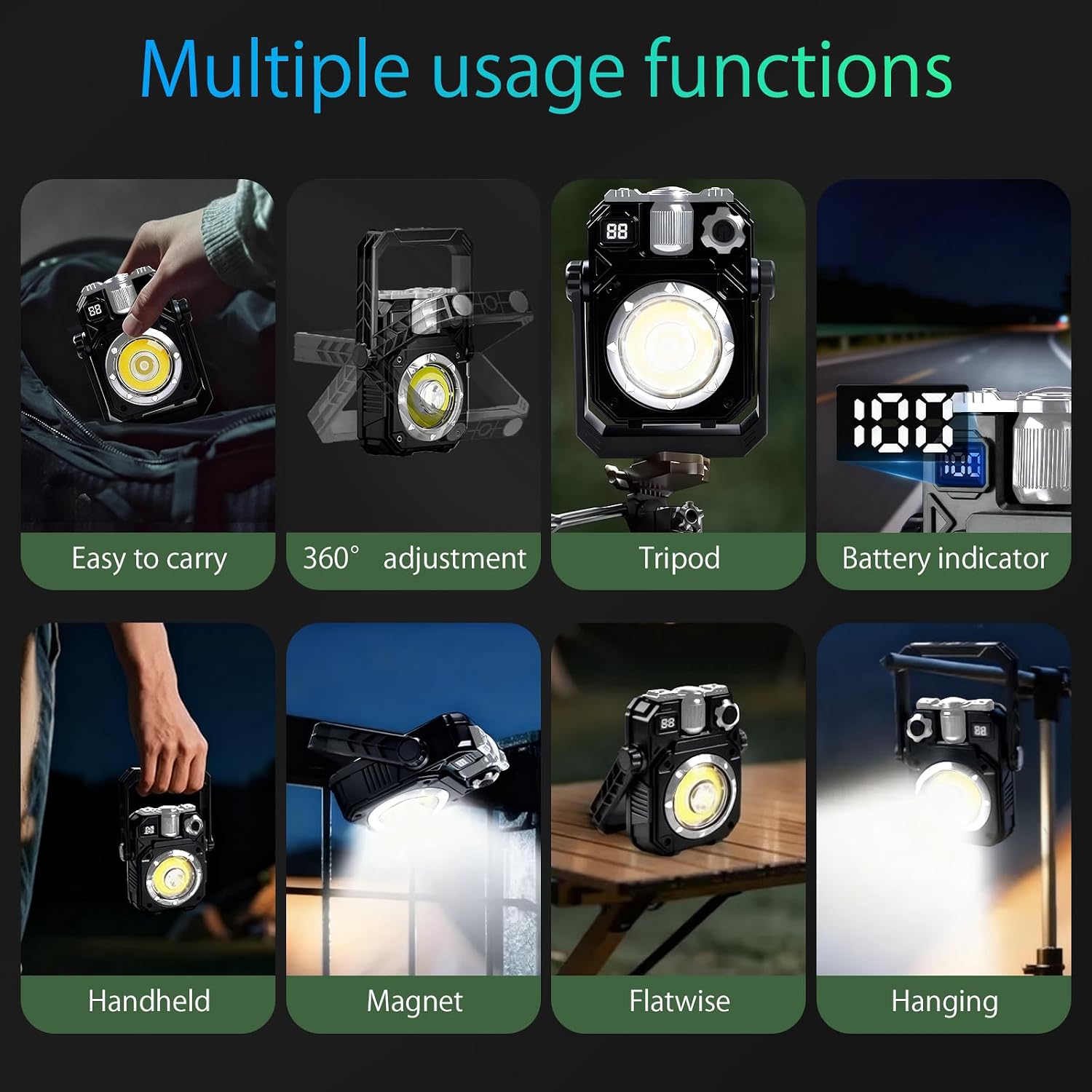 Solar cob Work Light Rechargeable Magnetic Work Lights 1500lm, IP65 Waterproof Solar USB Rechargeable LED Flashlight with 1/4" Tripod Mount, 360° Rotatable for Car Repair, Garage, Emergency (Black)