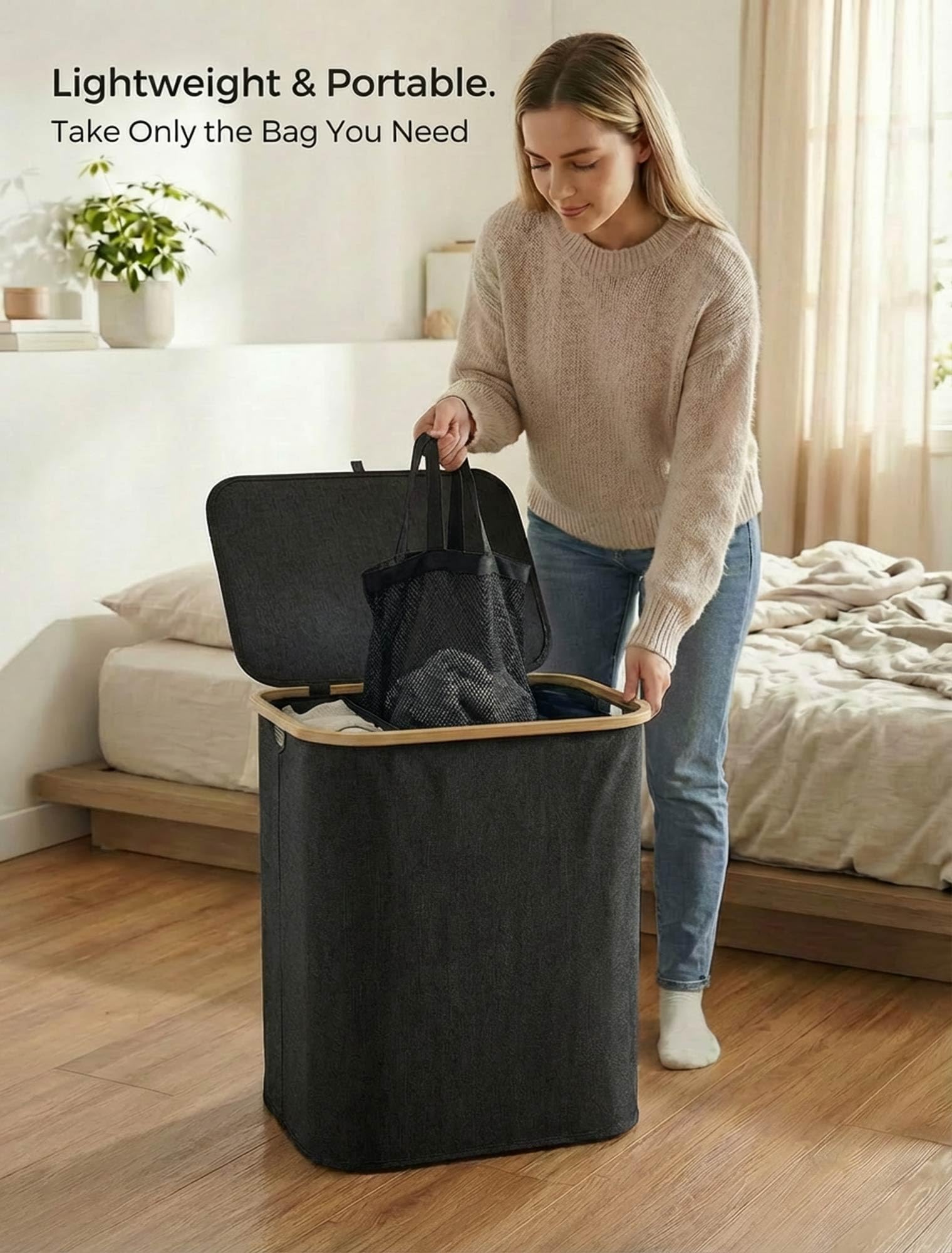 Cesto portabiancheria con coperchio a 3 scomparti: può contenere circa 2 o 4 carichi di bucato