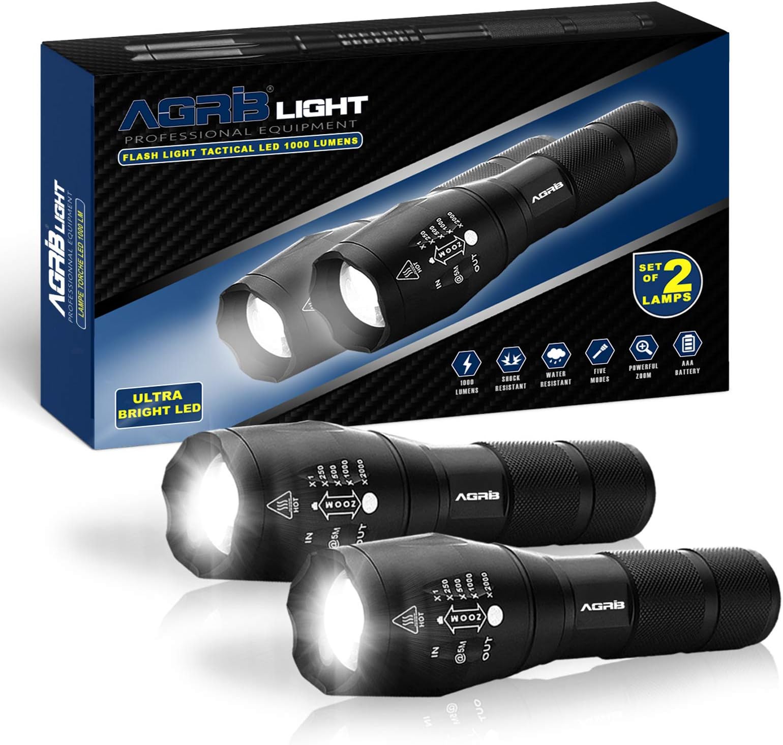 Flintronic Lot 2 Lampes Torche LED Ultra Puissante 3500 Lumens Rechargeable Zoomable 5 Modes - Camping Urgence