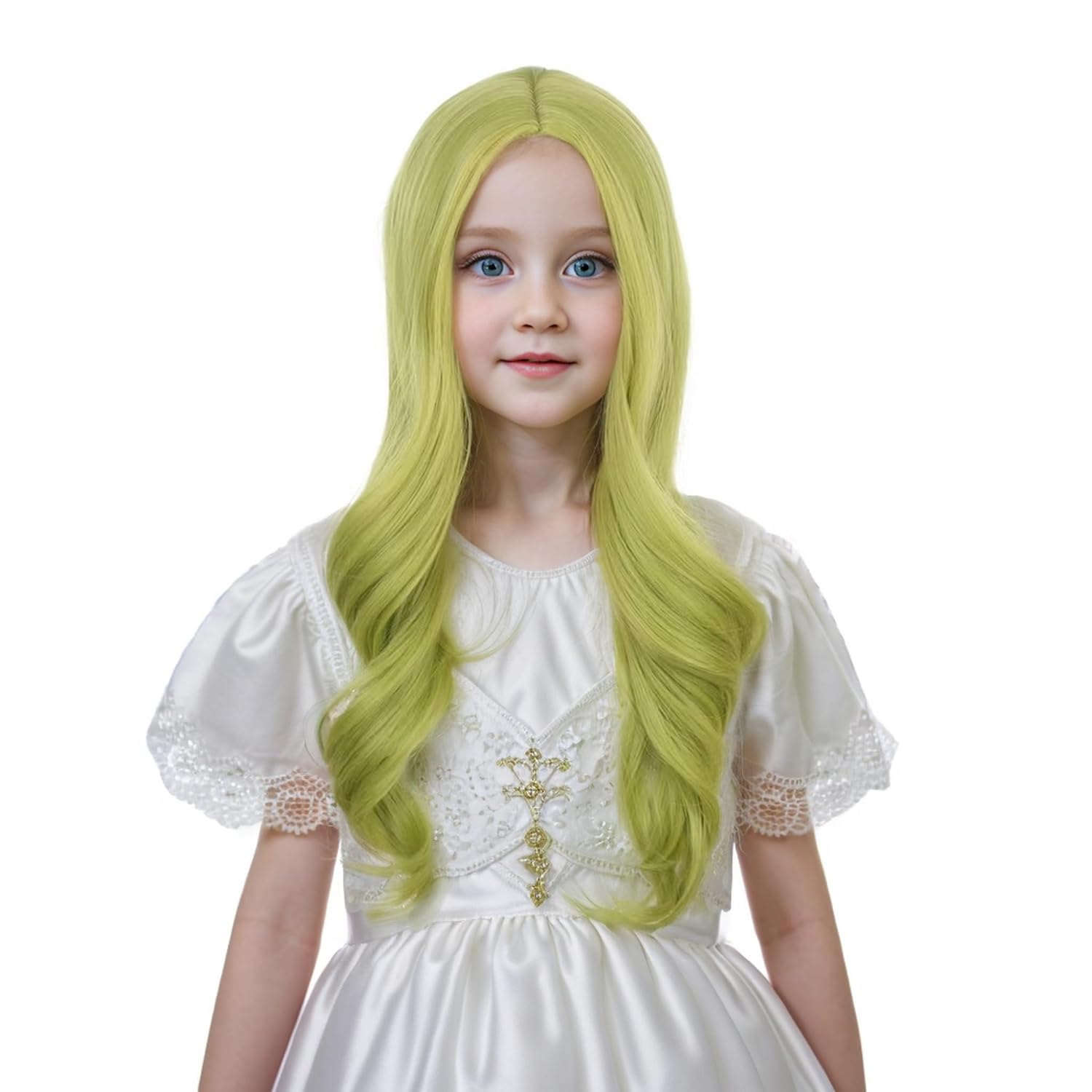 Green Wig for Kids Long Wavy Curly Avocado Green Hair Wigs for Child Green Wig for Girls Middle Part Natural Looking Synthetic Wig with Wig Cap（Avocado Green）